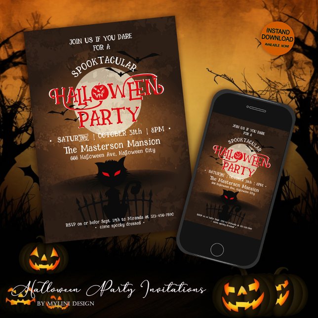 Scarry Black Cat, Bats & Full Moon Halloween Party Invitation (Creator Uploaded)