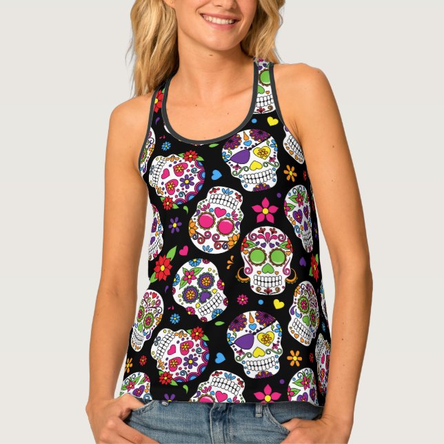 Scary and bloodcurdling intimidating sugar skull tank top (Front)