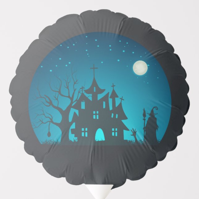 Scary and Fun Blue and Black Haunted House Balloon (Front)