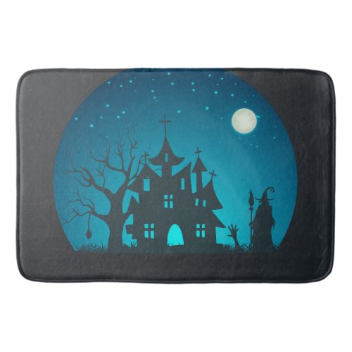 Scary and Fun Blue and Black Haunted House Bath Mat