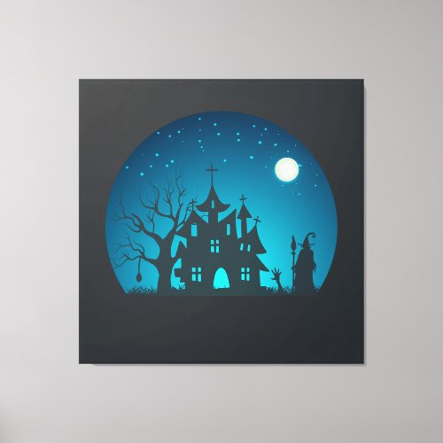 Scary and Fun Blue and Black Haunted House Canvas Print