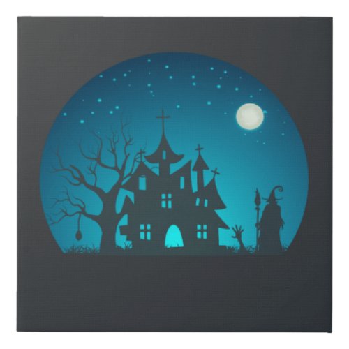 Scary and Fun Blue and Black Haunted House Faux Canvas Print