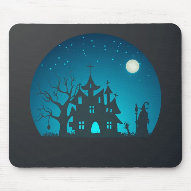 Scary and Fun Blue and Black Haunted House Mouse Pad (Front)