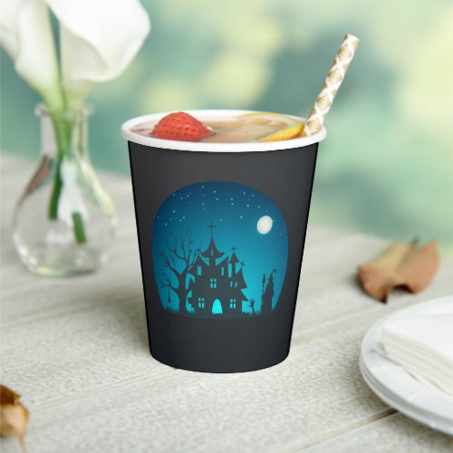 Scary and Fun Blue and Black Haunted House Paper Cups