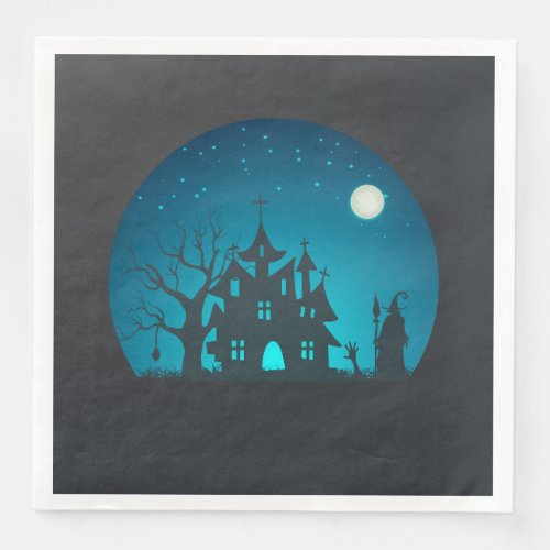 Scary and Fun Blue and Black Haunted House Paper Dinner Napkins