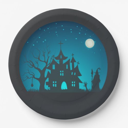 Scary and Fun Blue and Black Haunted House Paper Plates