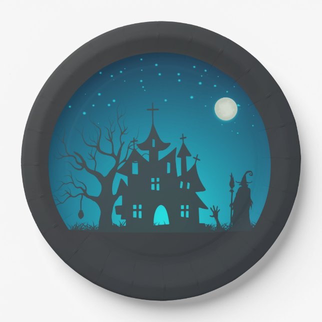 Scary and Fun Blue and Black Haunted House Paper Plates (Front)