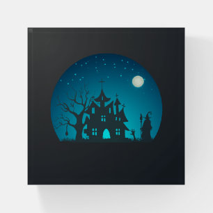 Scary and Fun Blue and Black Haunted House Paperweight