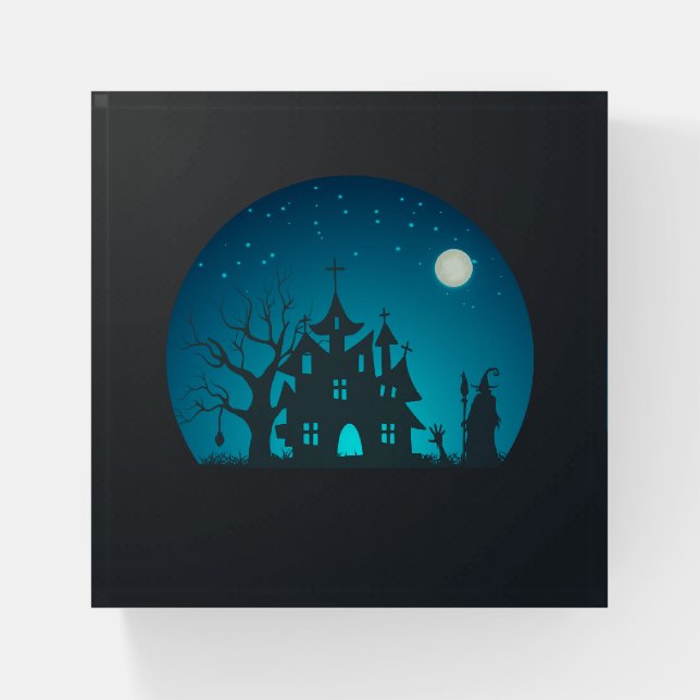 Scary and Fun Blue and Black Haunted House Paperweight (Front)