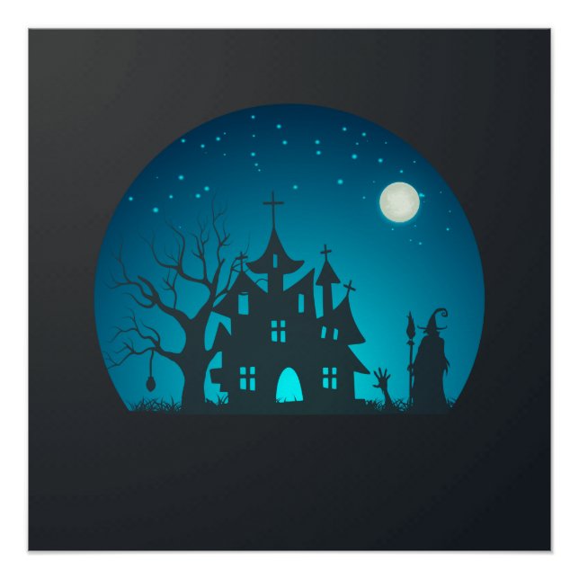 Scary and Fun Blue and Black Haunted House Poster (Front)