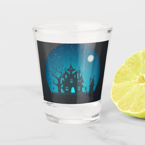 Scary and Fun Blue and Black Haunted House Shot Glass