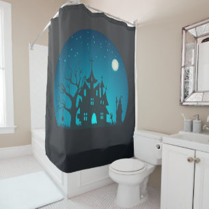 Scary and Fun Blue and Black Haunted House Shower Curtain