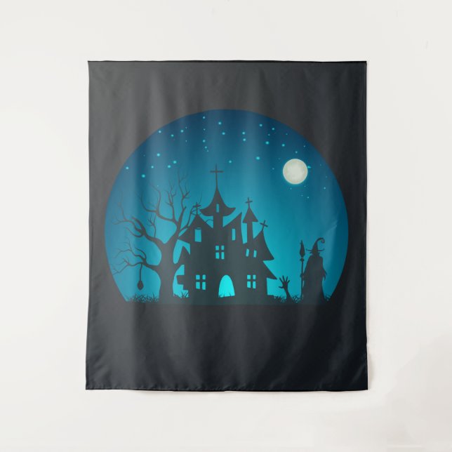 Scary and Fun Blue and Black Haunted House Tapestry (Front)
