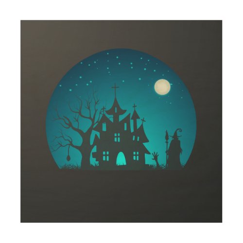 Scary and Fun Blue and Black Haunted House Wood Wall Art