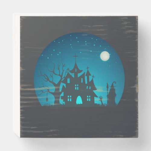 Scary and Fun Blue and Black Haunted House Wooden Box Sign