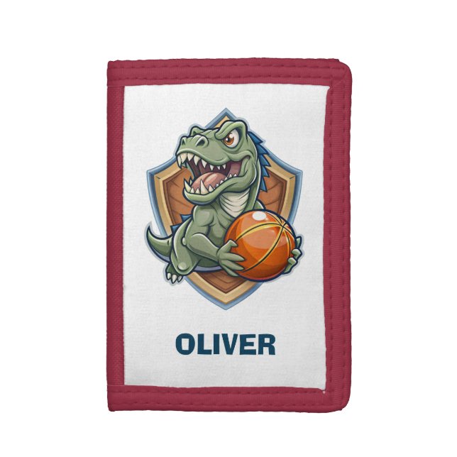 Scary and Funny Dinosaur Playing Basketball Trifold Wallet (Front Vertical)