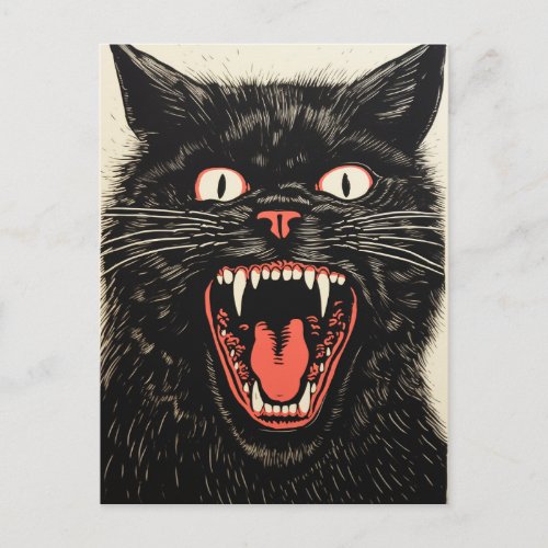 Scary Angry Black Cat Retro Postcard