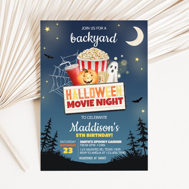 Scary Backyard Halloween Movie Night Birthday Invitation (Scary Backyard Halloween Horror Movie Night Party Invitation)