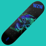 Scary Badass Neon Blue Skull Monogram Skateboard<br><div class="desc">A glowing scary skull in neon electric blue and teal green is presented centered against a black background, leaving room at both ends for a name and monogram in a rich blue and a compelling Erosion font. Great for Halloween, día de muertos / day of the dead AND anytime you're...</div>