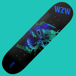Scary Badass Neon Blue Skull Monogram Skateboard