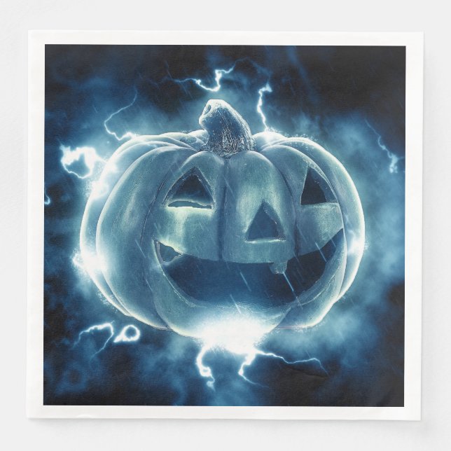 Scary Black and Blue Pumpkin Halloween Paper Dinner Napkins (Front)