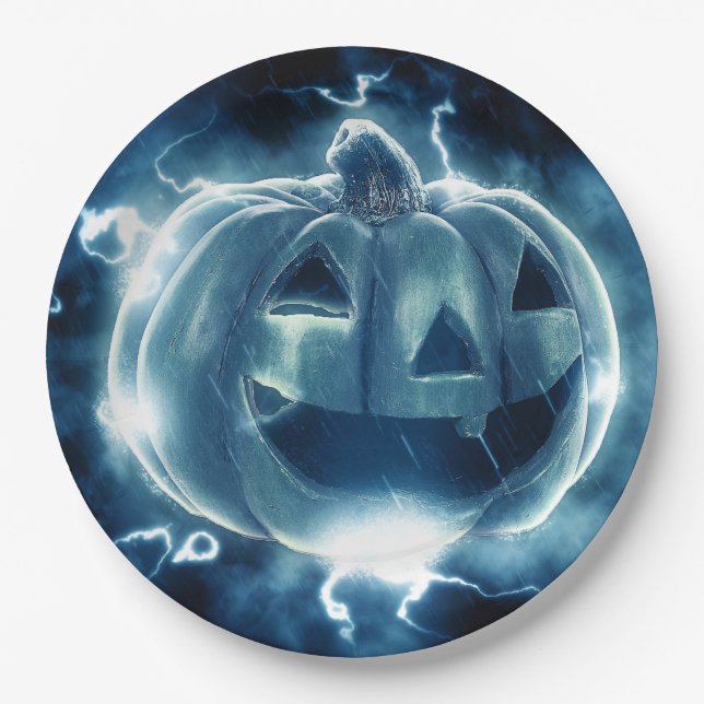 Scary Black and Blue Pumpkin Halloween Party   Pap Paper Plates (Front)