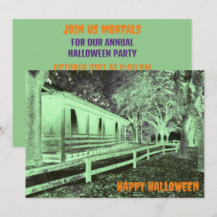 Scary Black and Green Cabin Woods Halloween Party Invitation