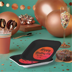 Scary Black and Orange Full Moon Happy Halloween Paper Plates