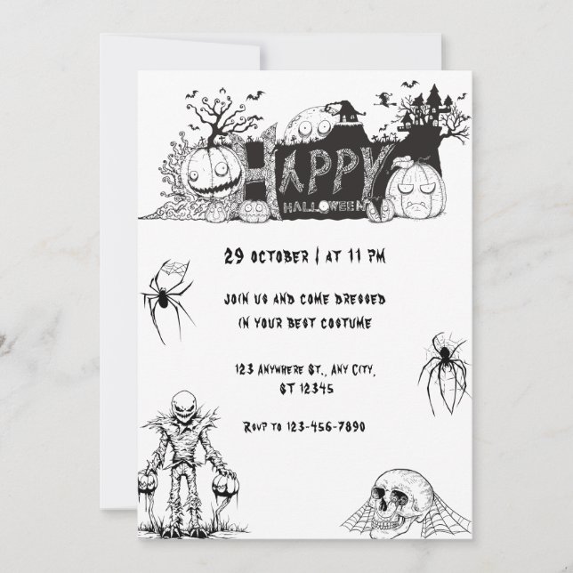 Scary Black and White happy Halloween Party Invitation (Front)