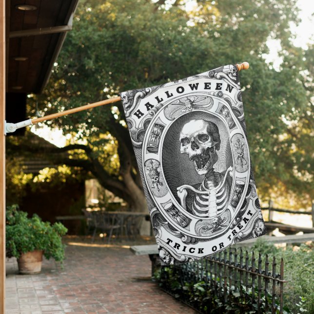 Scary Black and White Skull  Skeleton Halloween Ho House Flag (In SItu)