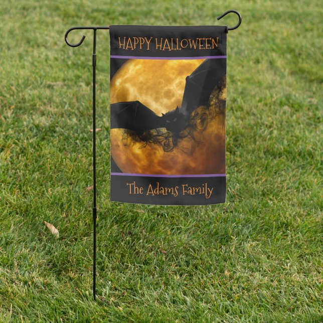 Scary Black Bat| Orange & Black Halloween Garden Flag (In SItu)