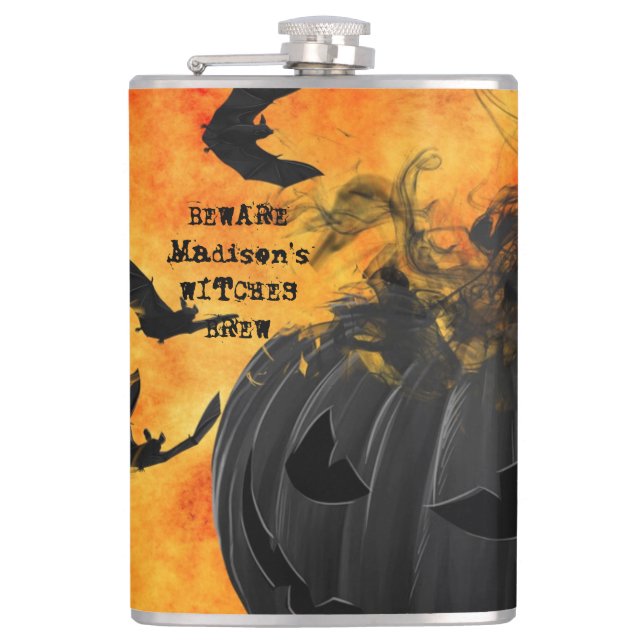Scary Black bats Jack O Lantern Witches Brew Name  Flask (Front)