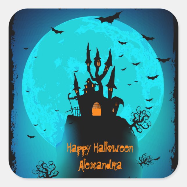 Scary Black & Blue Moon Happy Halloween Square Sticker (Front)