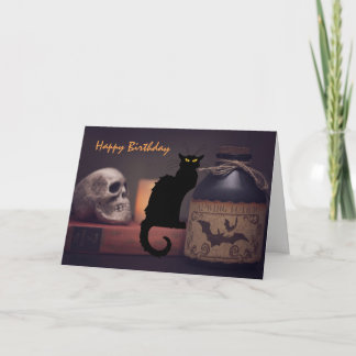 Scary Black Cat and Skull Halloween Happy Birthday Card