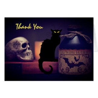 Scary Black Cat and Skull Halloween Thank You Card