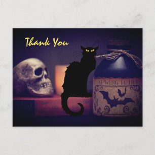 Scary Black Cat and Skull Halloween Thank You Postcard