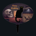 Scary Black Cat and Skull Happy Birthday Cake Topper<br><div class="desc">This Happy Birthday cake pick features a scary black cat and spooky skull with a potion bottle.</div>