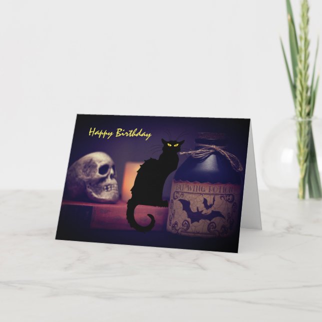 Scary Black Cat and Skull Happy Birthday Halloween Card (Front)