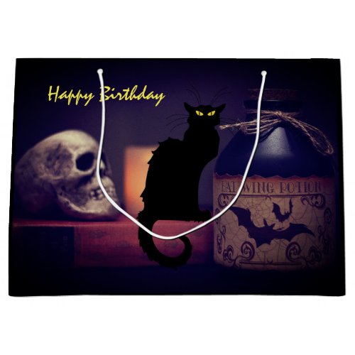 Scary Black Cat and Skull Happy Birthday Halloween Large Gift Bag