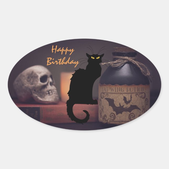 Scary Black Cat and Skull Happy Birthday Oval Sticker (Front)