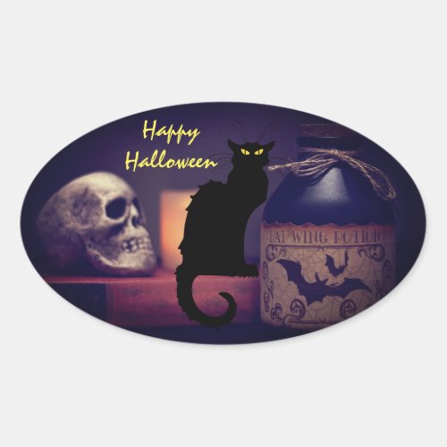 Scary Black Cat and Skull Happy Halloween Oval Sticker