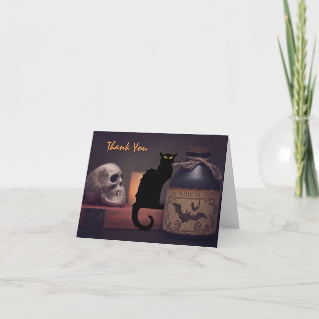 Scary Black Cat and Skull Thank You Card (Front)