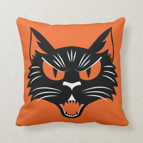 Scary Black Cat Face Halloween Orange and Black Throw Pillow