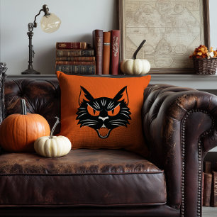 Scary Black Cat Face Halloween Orange and Black Throw Pillow
