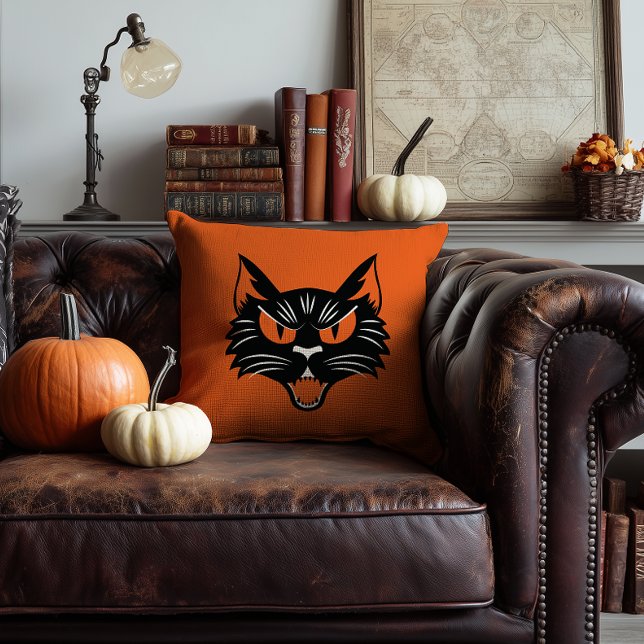 Scary Black Cat Face Halloween Orange and Black Throw Pillow (orange vintage halloween style black cat face pillow)