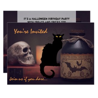 Scary Black Cat n Skull Halloween Birthday Invite