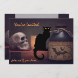 Scary Black Cat n Skull Halloween Birthday Invite<br><div class="desc">This Halloween Birthday Party invitation features a scary black cat and spooky skull with a potion bottle inviting your guests to join you if they dare.  It can be personalized with all of your party details.</div>