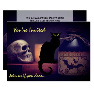 Scary Black Cat n Skull Halloween Party Invitation
