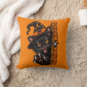 Scary Black Cat Witch Trick or Treat Halloween Throw Pillow