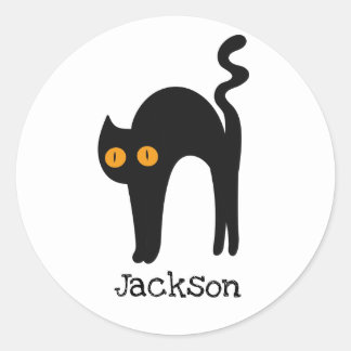 Scary black cat with orange eyes personalized classic round sticker